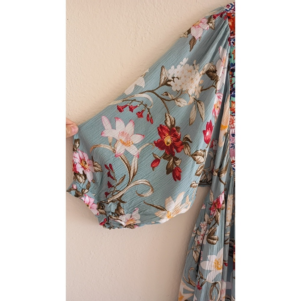 Umgee Boho Floral Babydoll Tunic Top Blue Mixed Print Puff Sleeve Pockets M - Picture 4 of 7
